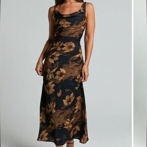 Showpo Black and Brown Floral Midi Dress